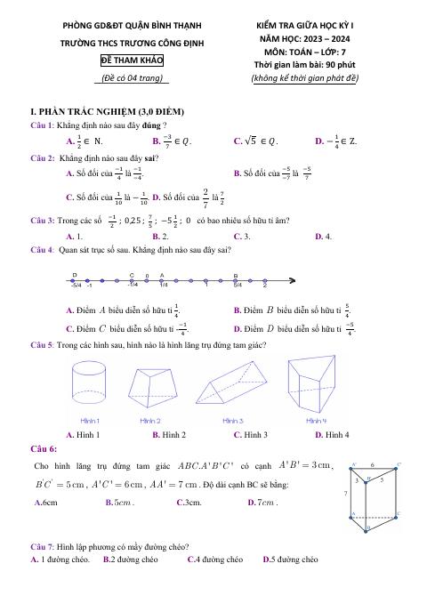 Đề thi Giữa kì 1 Toán 7 năm 2023-2024 trường THCS Trương Công Định (TP Hồ Chí Minh)